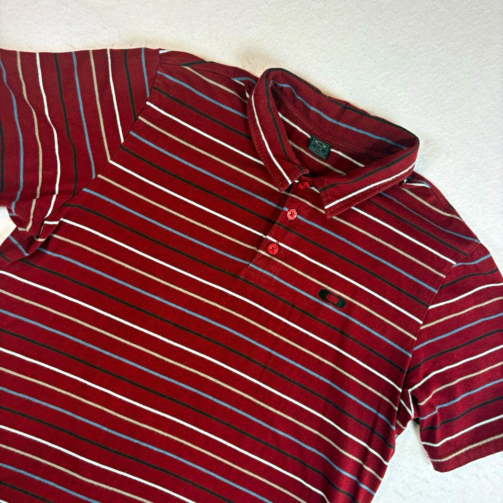 Oakley Mens Large Polo Shirt Burgundy Striped Short Sleeve Logo Preppy Y2K
